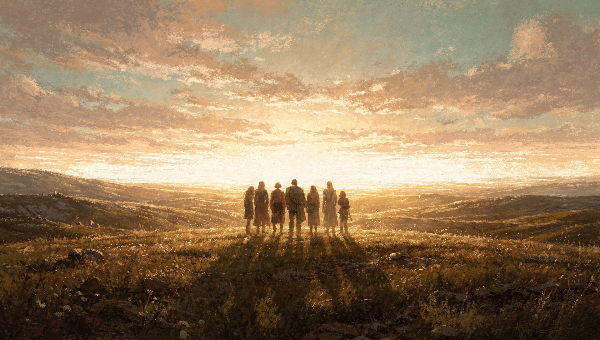 Tall figures facing a glowing horizon at golden hour