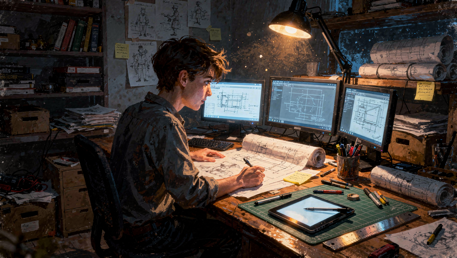Young builder at a night desk