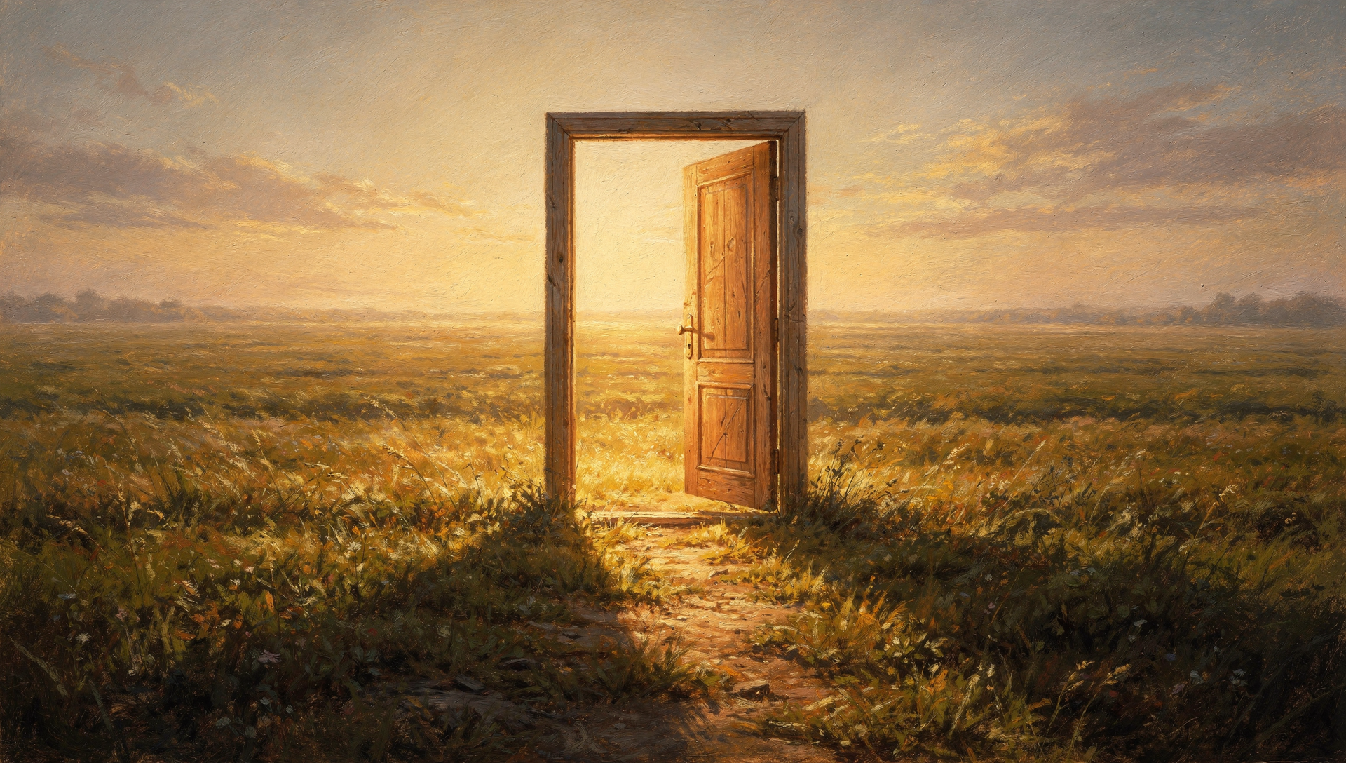 Lone open door in a field