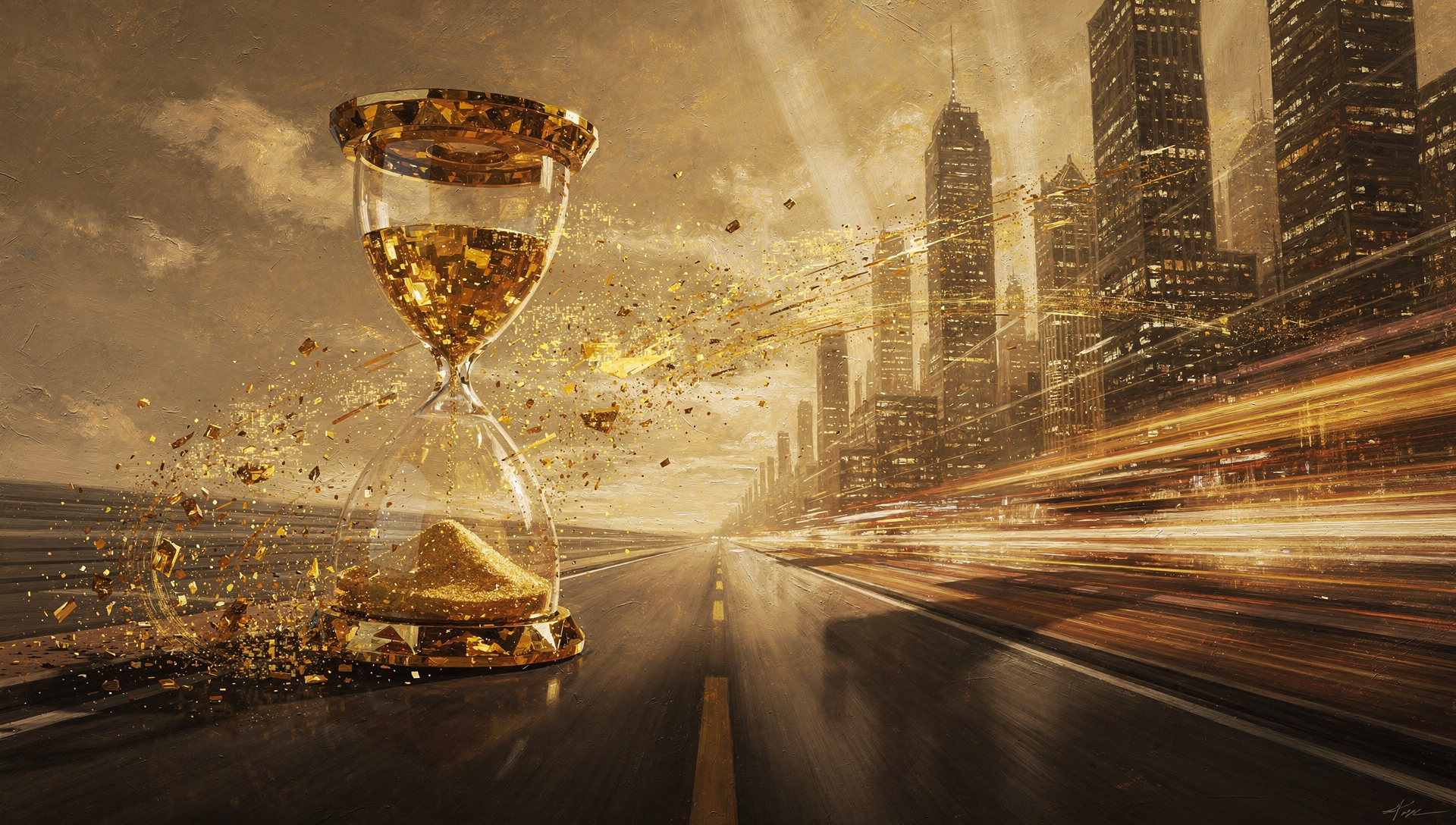 Hourglass dissolving into a digital city