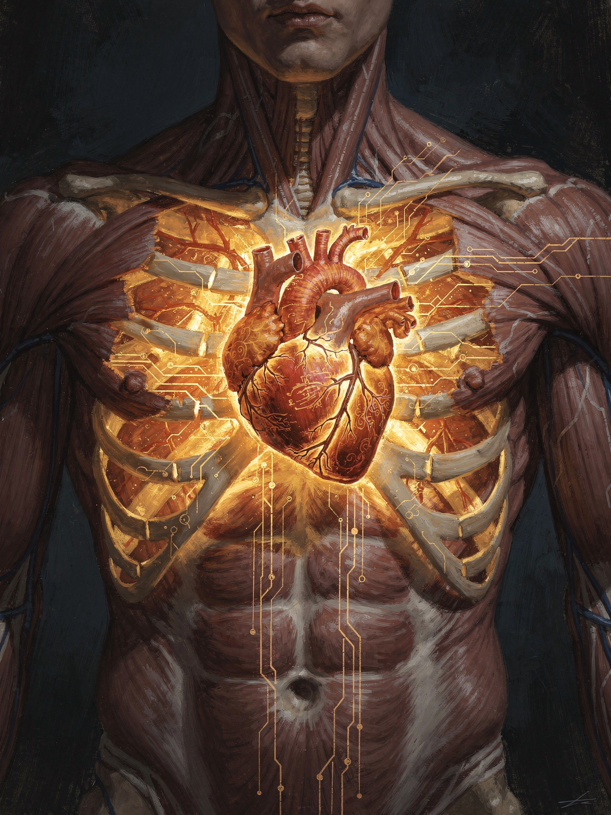 Glowing heart, human and machine