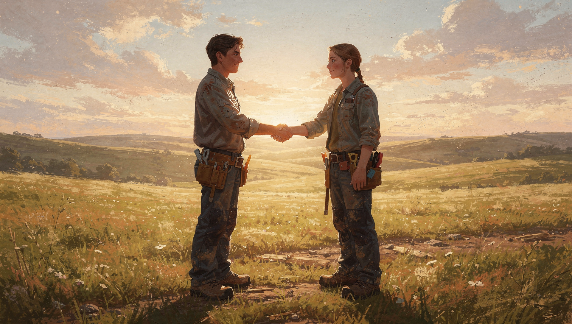 Two builders, handshake in a field
