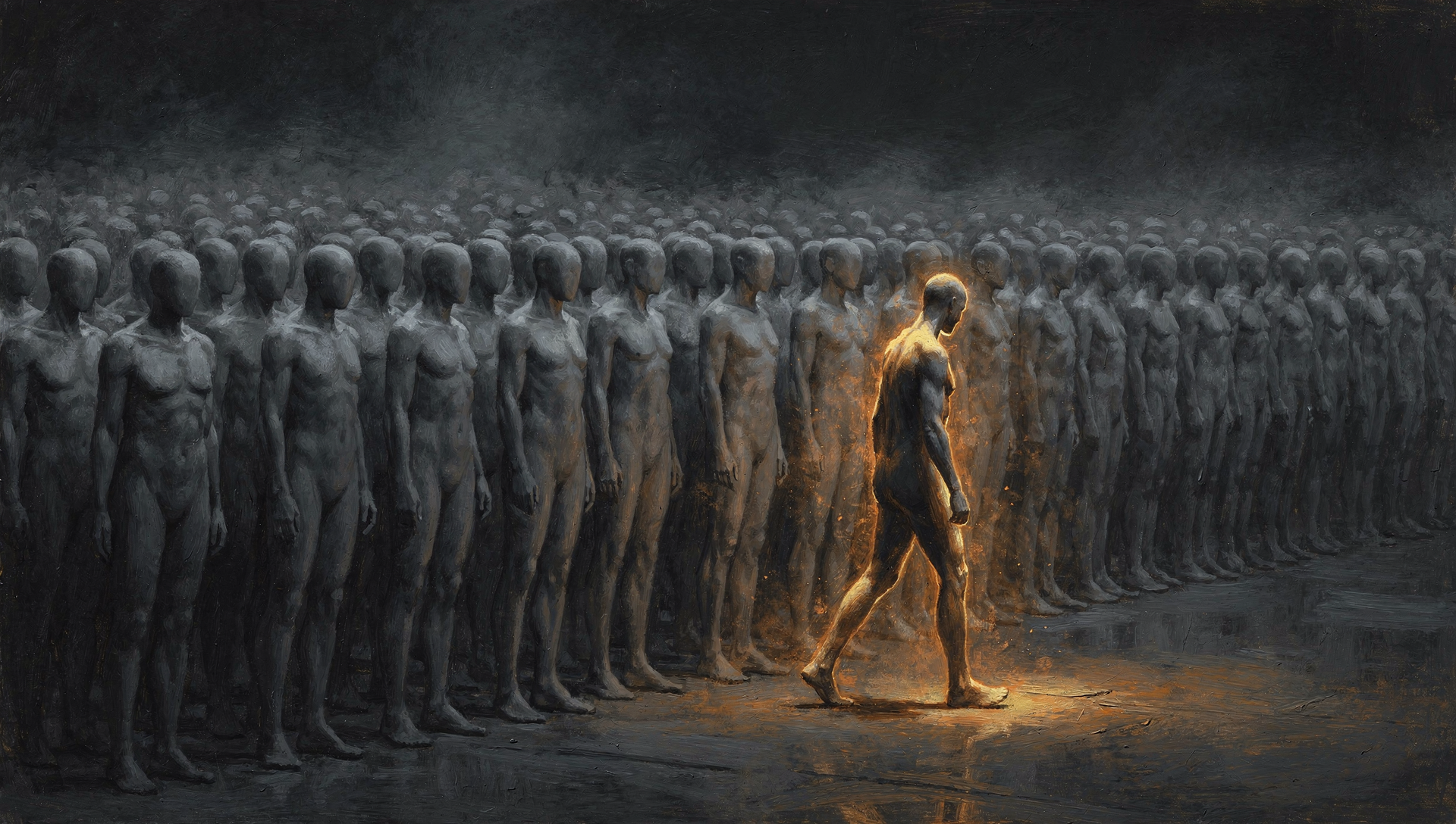 Grey figures, one glowing breaks formation