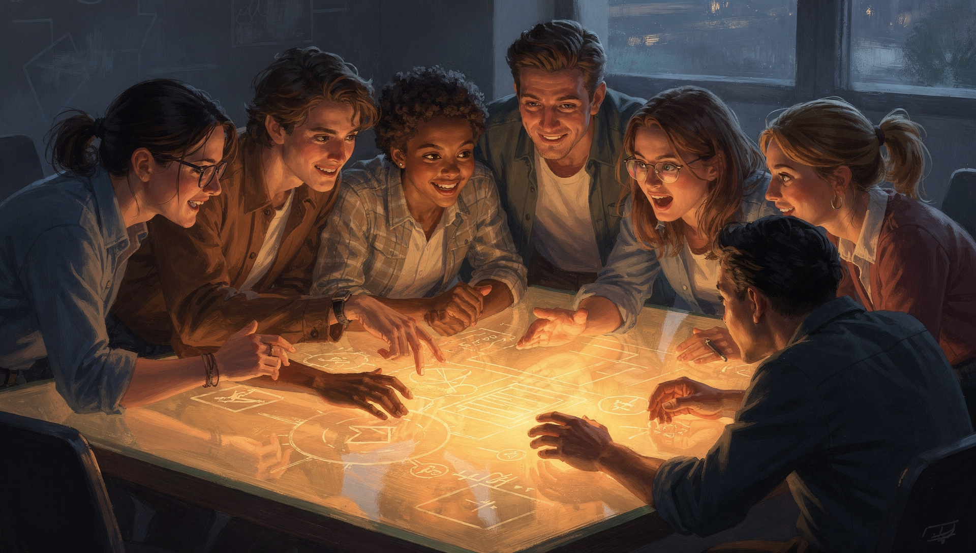 Young people around a glowing table