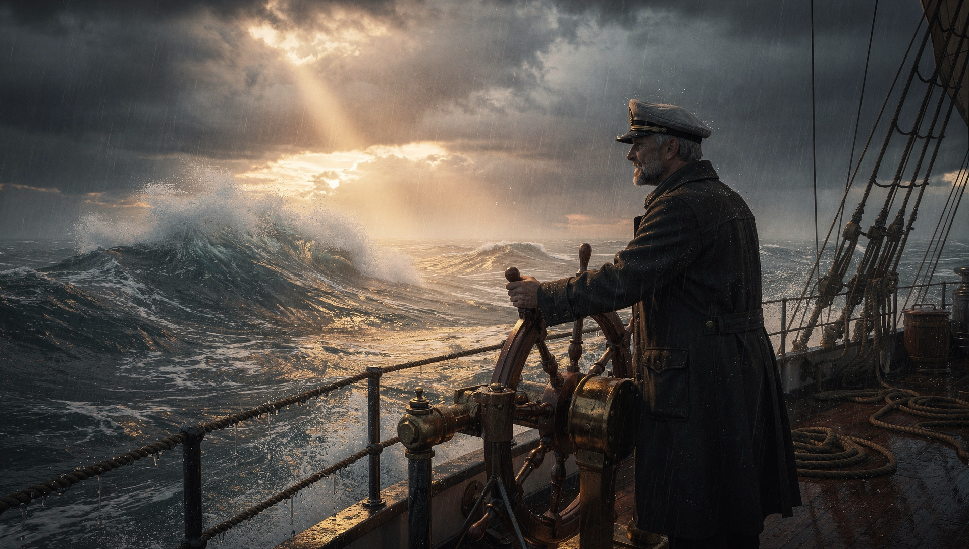 Captain at the helm in a storm