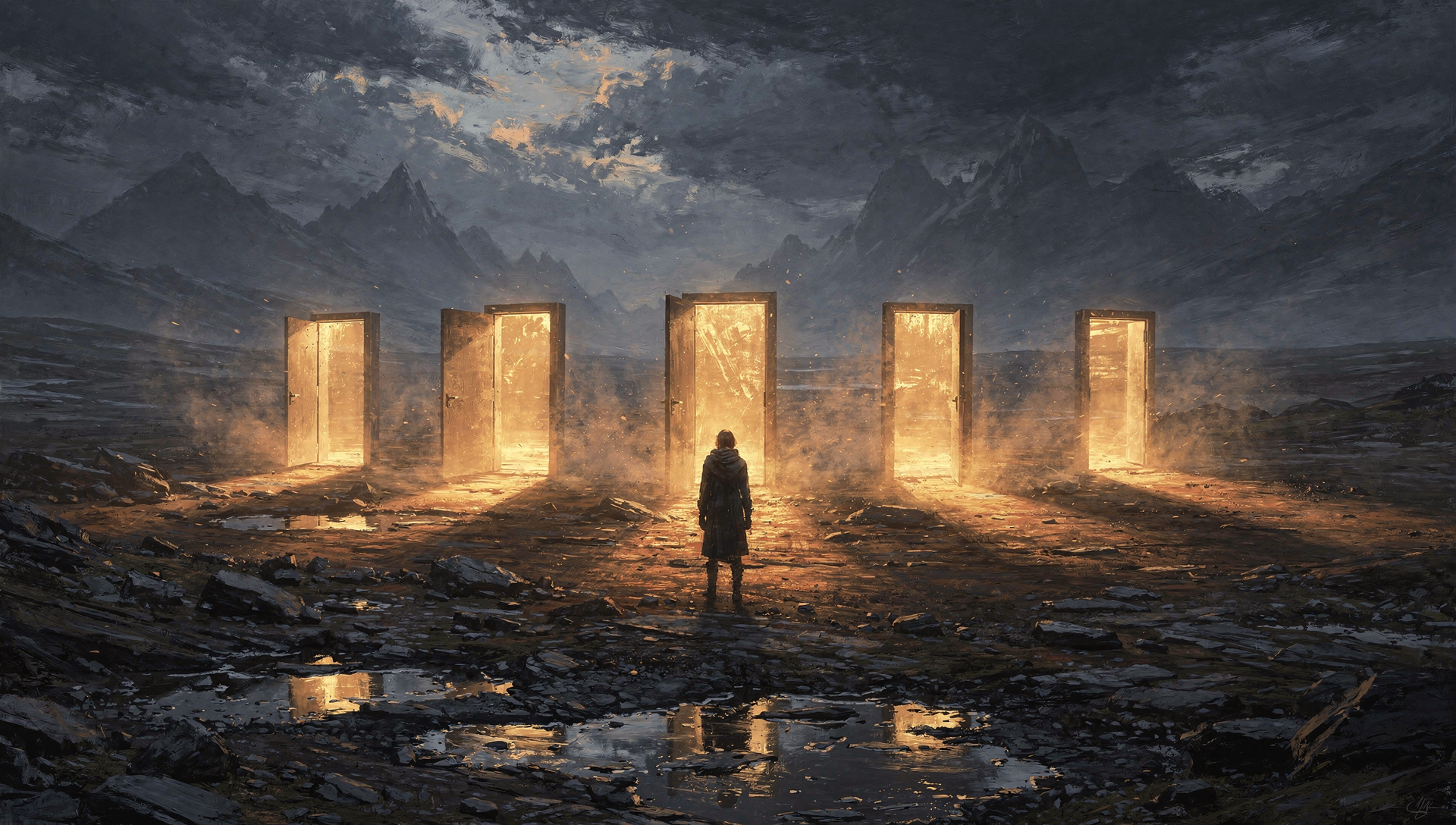 Six glowing doorways